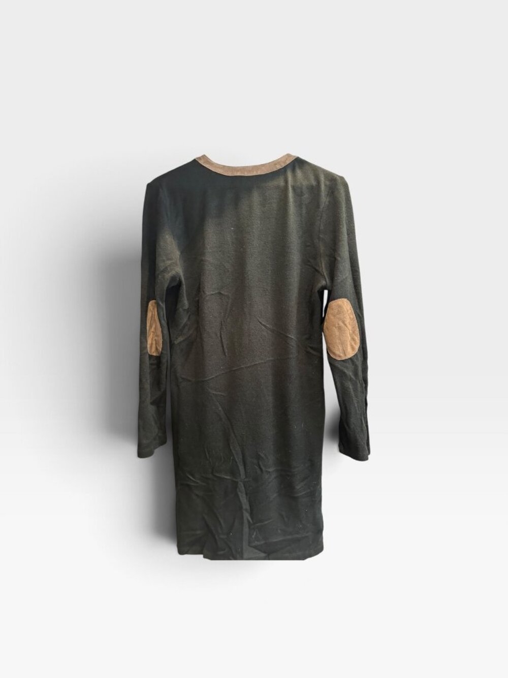 Papillon Black Tunic Top with Tan Faux Suede Elbow Patches Size L